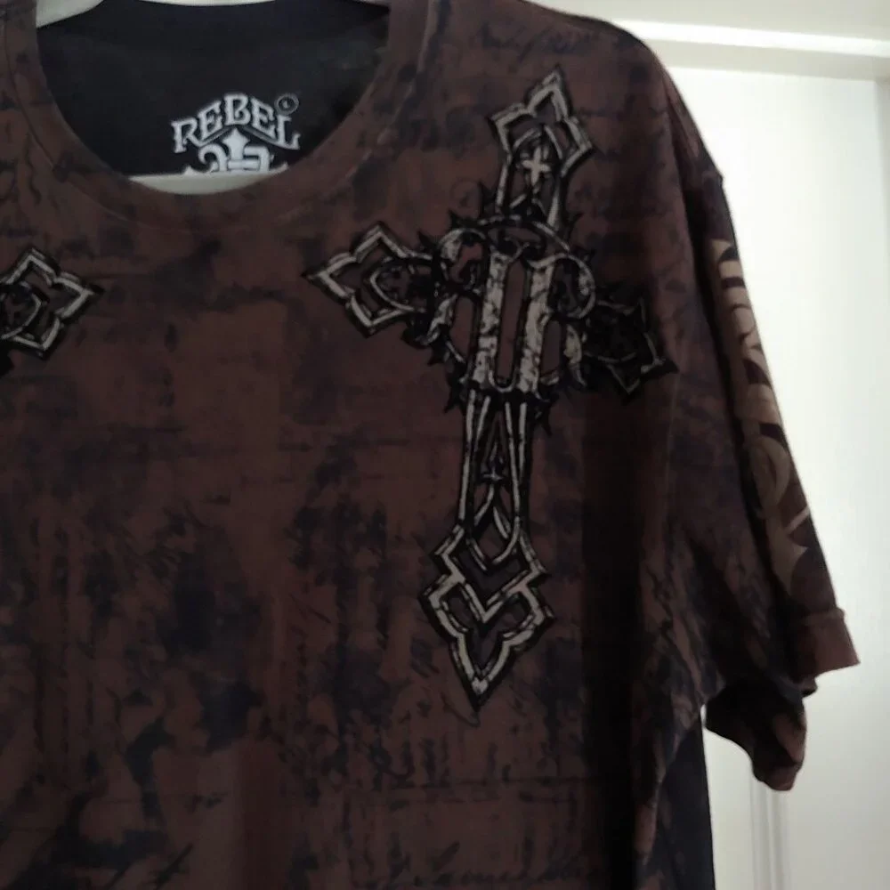 Saints By Affliction Garage Tattoo Grunge Biker Cross Angel Wings Men T-Shirt L - Picture 5 of 12